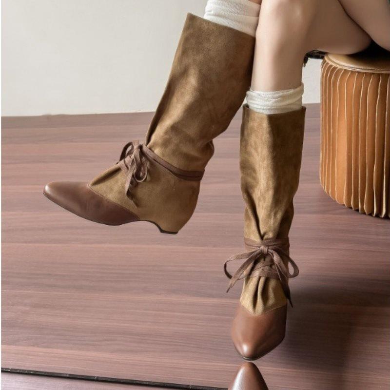Pile thick heel autumn and winter knight boots pointed new thin but pleated boots knee retro boots women
