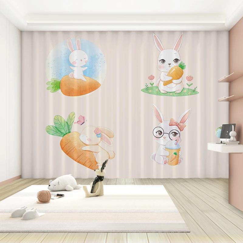 Trendy Cartoon Cute Style High Blackout Curtains Pink Bunny Girl Princess Bedroom Living Room Window Shading Curtain 2 Pieces
