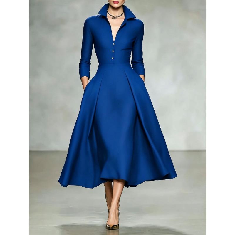 Damen Mode Elegant Taille Enger Umlegekragen Langarm Midi Freizeitkleid