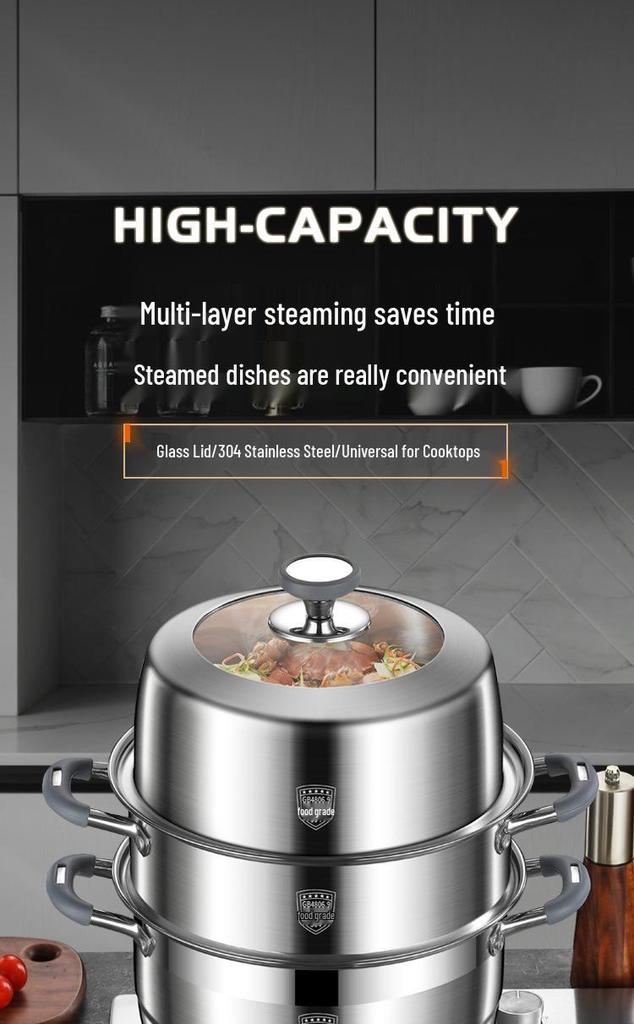 Large Capacity 304 Stainless Steel Steamer Pot with Thickened Multi-Layer Steaming Baskets for Household Use