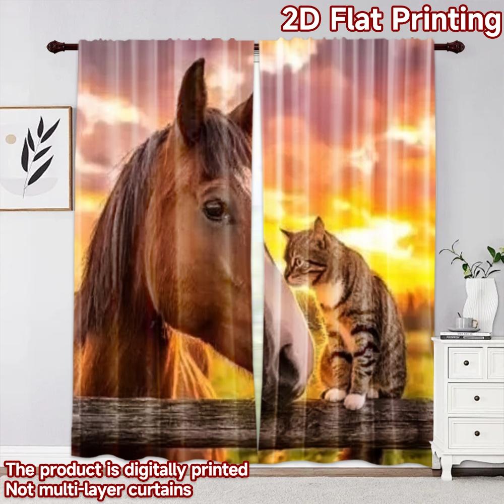 2D Flat Printing 2pcs Curtain Drapes Horse and Cat Sunset Digital Printed Polyester Drapes Family Party Decoration Perfect for