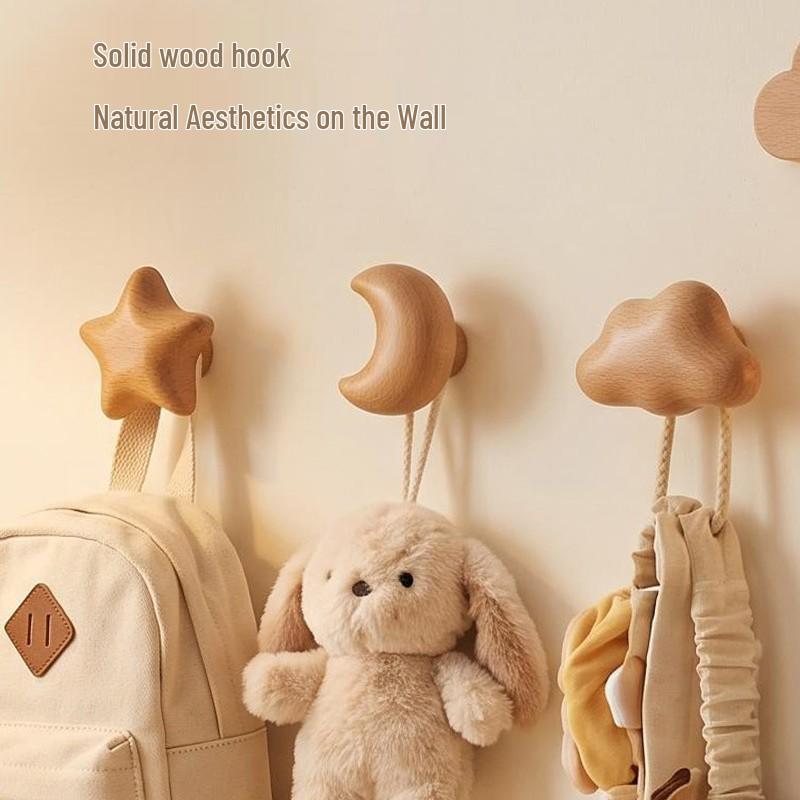 Solid Wood Moon, Star & Cloud Coat Hook for Hallway or Bedroom