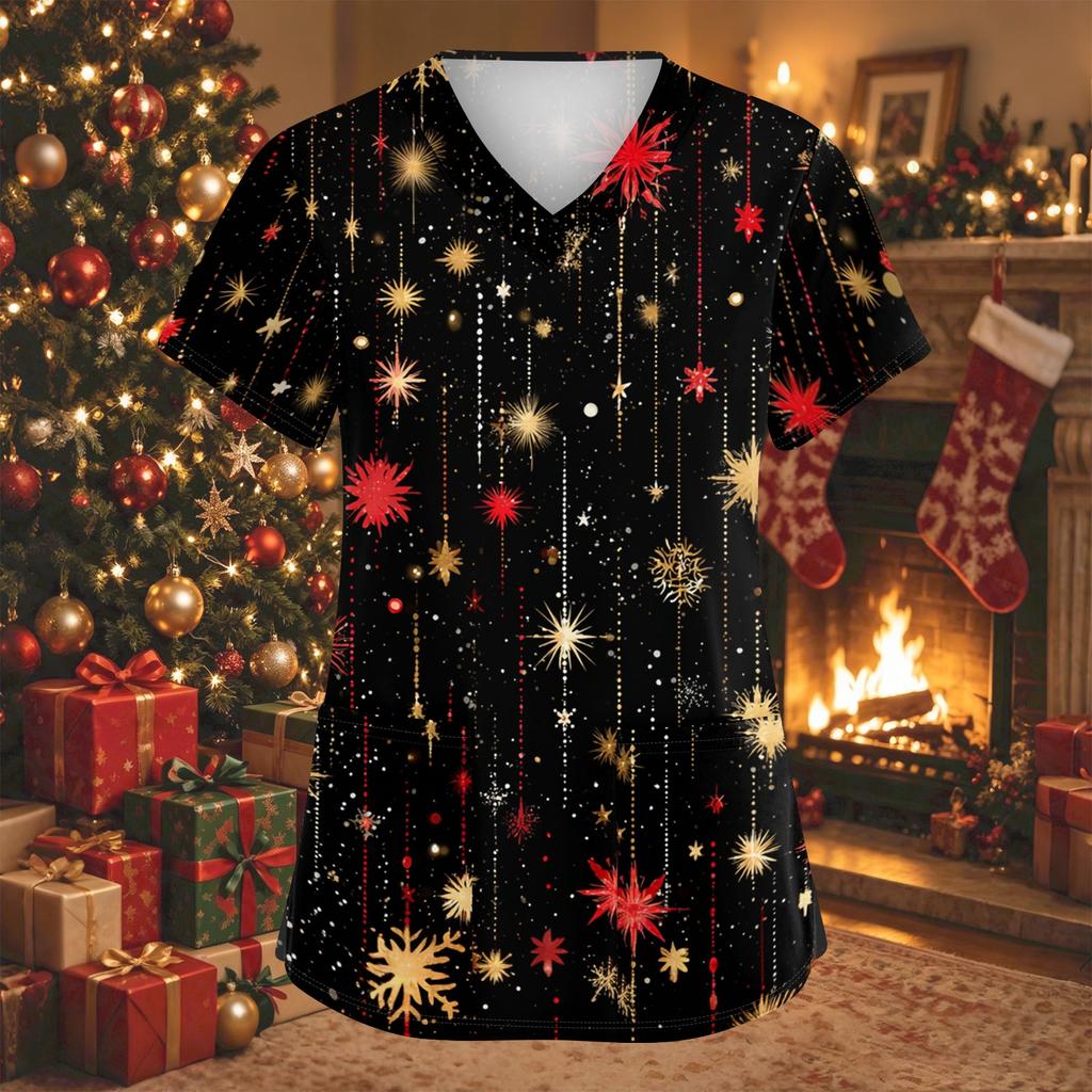 Women's Fashion Christmas Print V-Neck Short Sleeve Caregiver Work Top with Pockets