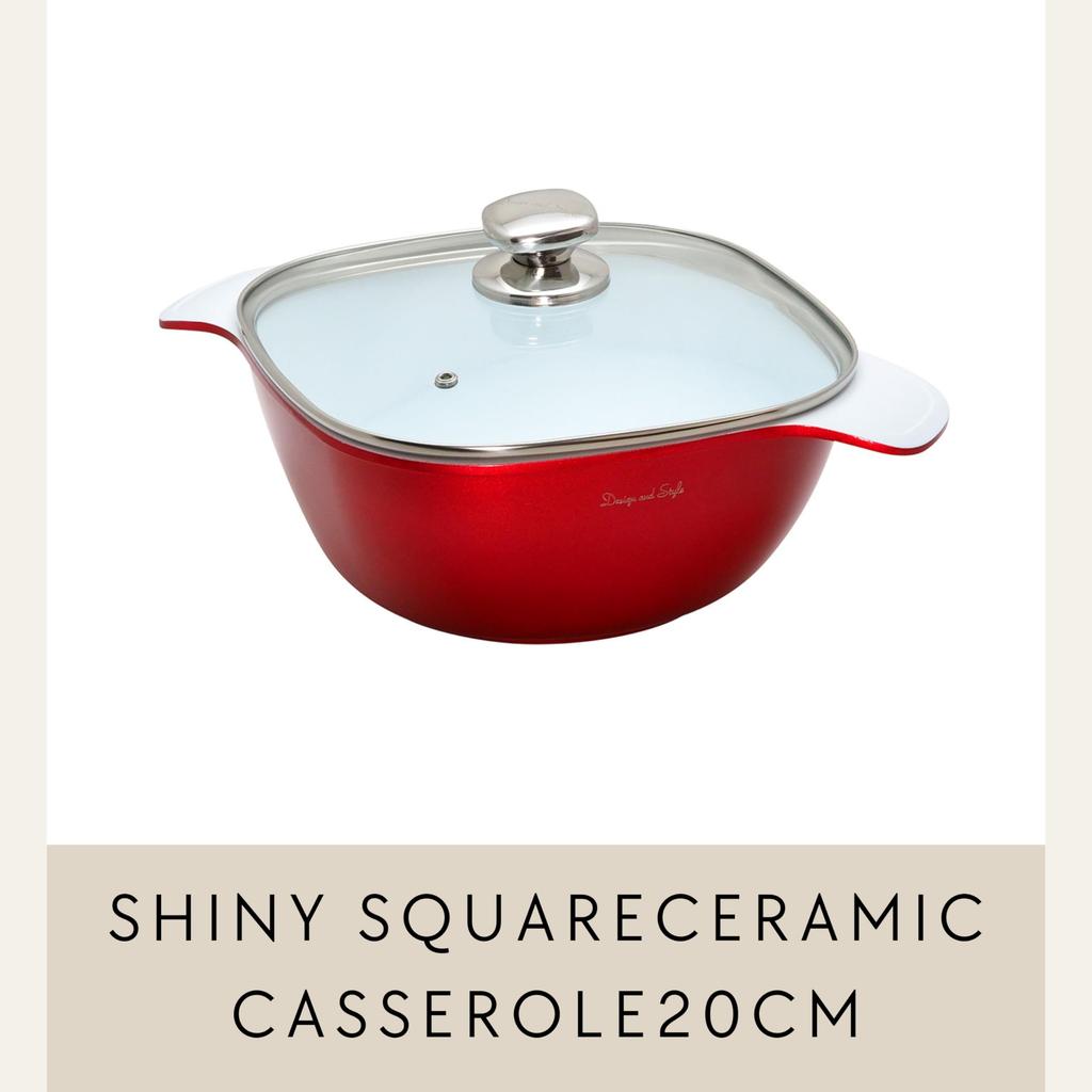 20cm Square Induction Ceramic Shiny with Ceramic 5mm Thick Bottom D&S Casserole, Compatible, Coating, Red, Lid, Non-Stick Dual-Layer Coating,