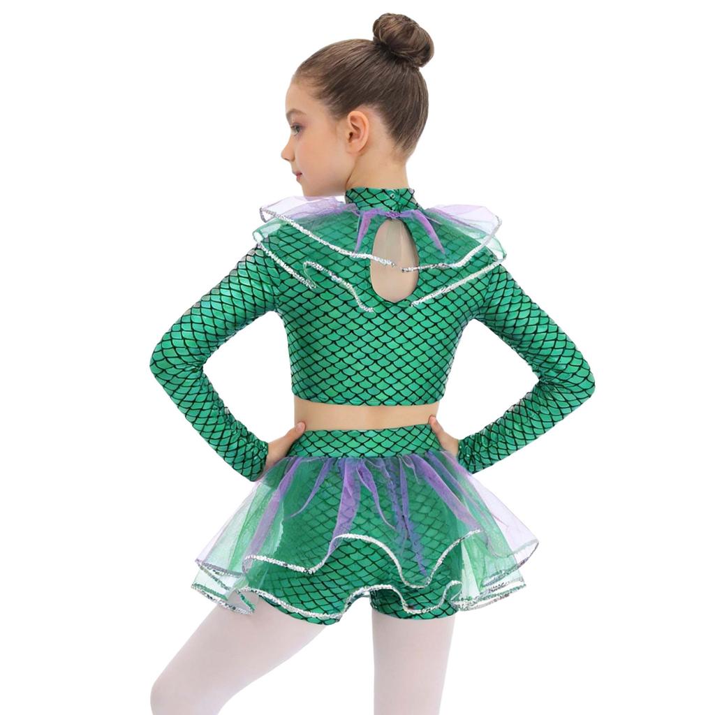Ensemble Short et Crop Top Mailles Sequins Imprimé Écailles de Poisson Manches Longues Costume Cosplay Sirène pour Filles