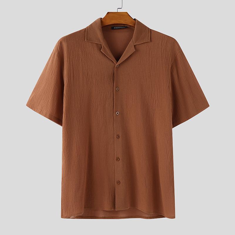

INCERUN Summer Vintage Men Lapel Short Sleeve Casual Cotton Linen Shirts 3XL коричневый