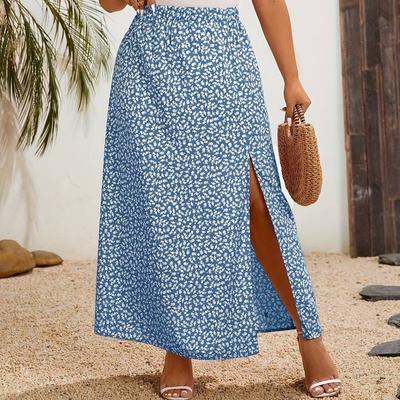 Women's Floral Slit High Waist Print Big Size Fat Sister Skirt