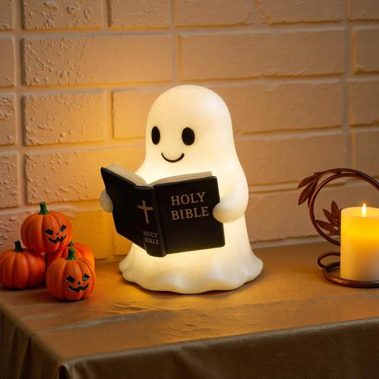 Yousheng Ghost Bible Lamp Cute Ghost Reading Book Night Light 3D Resin Light Up Ghost Figurine Halloween Table Lamp for Bedroom Home Shelf Indoor
