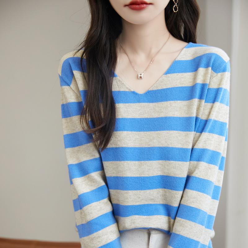 Autumn and Winter Women's Striped Long-sleeved V-neck Bottoming Pullover Loose Casual Knitwear