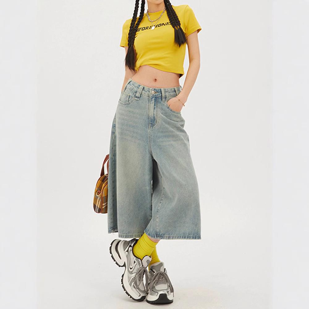 Shorts di Jeans Americani Retro a Vita Alta da Donna - Gamba Larga - Estate 2025 Vestibilità Slim
