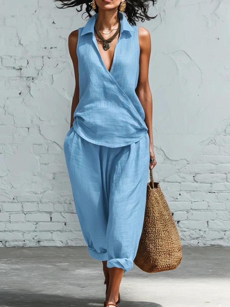 Spring/Summer Women's Lapel Shirt and Wide-Leg Pants Linen Set