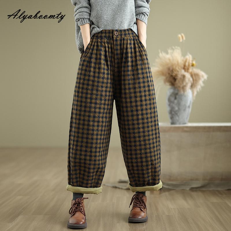 

Корейская мода осень-зима женские клетчатые брюки с высокой талией повседневные свободные широкие брюки винтажные мешковатые толстые теплые брюки M