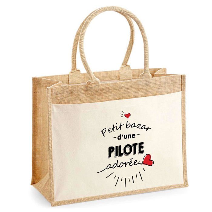 Planetee Cabas jute avec poche Bazar d'une Pilote adorée - Sac de shopping Femme Anniversaire Noël Fête des Mères Cadeau Mamie Sac
