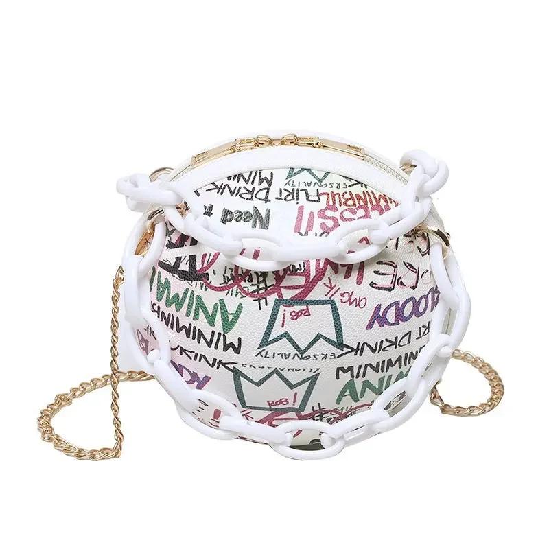

Graffiti Round Ball Bag For Women PU Leather Crossbody Acrylic Chain Handbags and Purses Female Basketball Bag