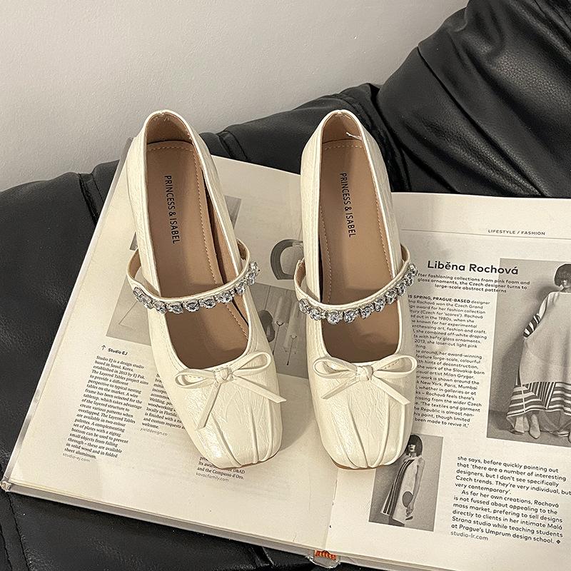 

French bow thick heel high heels women s summer 2025 new rhinestone square head single shoes shallow mouth Mary Jane shoes 40