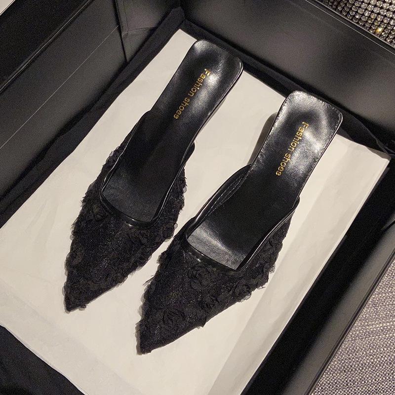 

Темпераментные остроносые нежные туфли на высоком каблуке 2025 новинка фея сетка цветок кружево сумка голова полусапожки на высоком каблуке верхняя одежда 40 чёрный