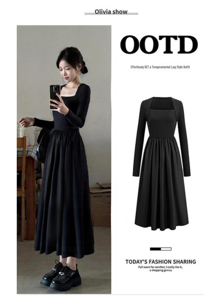 Hepburn-Inspired Women's Black Coat with Dress, Perfect for Petite Figures, Spring/Autumn/Winter, High-End Aesthetic