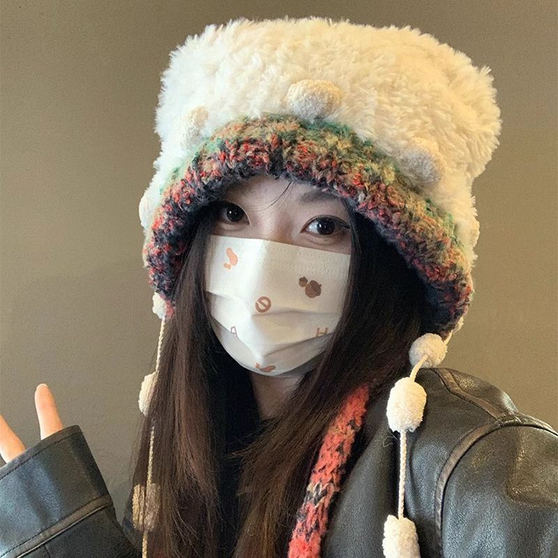 Cute Plush Hat Women's Winter Plush Knitted Wool Hat, Ear Protector, Warm, Fluffy Northeast Cold-proof Lei Feng Hat