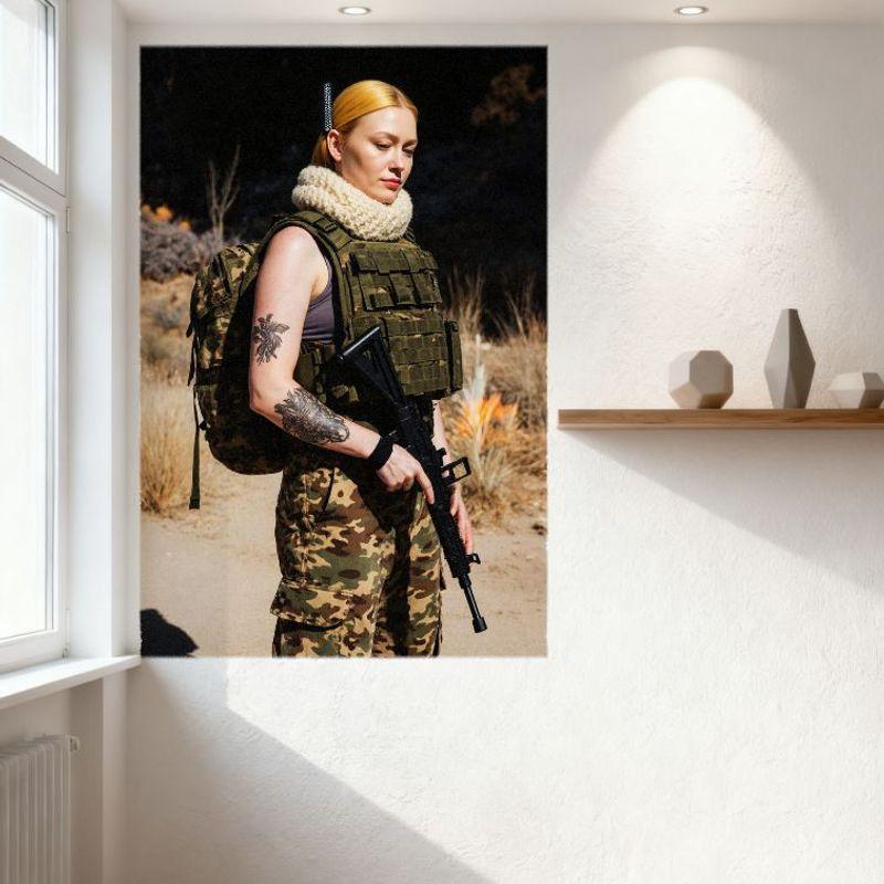 Sexy Blonde Woman High Bun Desert Survivalist Military Style Tin Sign - Vintage Metal Poster for Home Wall Decor, Camouflage Tac
