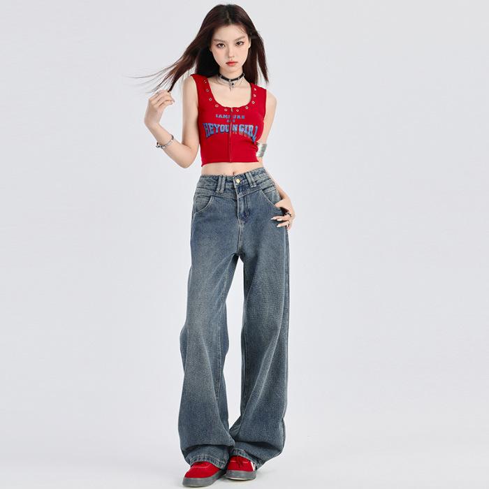 

High Street Starry Sky Pattern High Waist Cover Narrow Version Straight Jeans Women s Summer Wide-leg Jeans Women s Summer XL