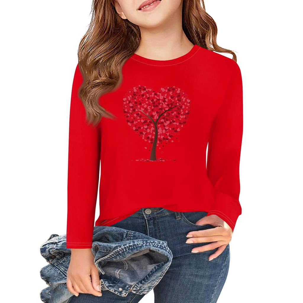 Långärmade T-shirts för flickor med kärlek och alla hjärtans dag-motiv, hösttoppar, rund hals, enkla T-shirts för barn, 5-14 år