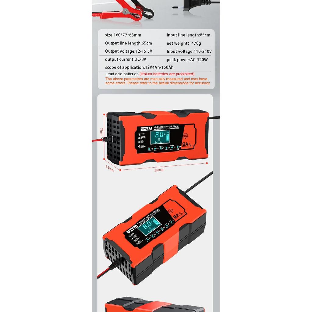 Smart 12V 8A Car Battery Charger Pulse Repair Quick Charge for Auto Moto AGM GEL WET Lead Acid LiFePO4 Battery Charging