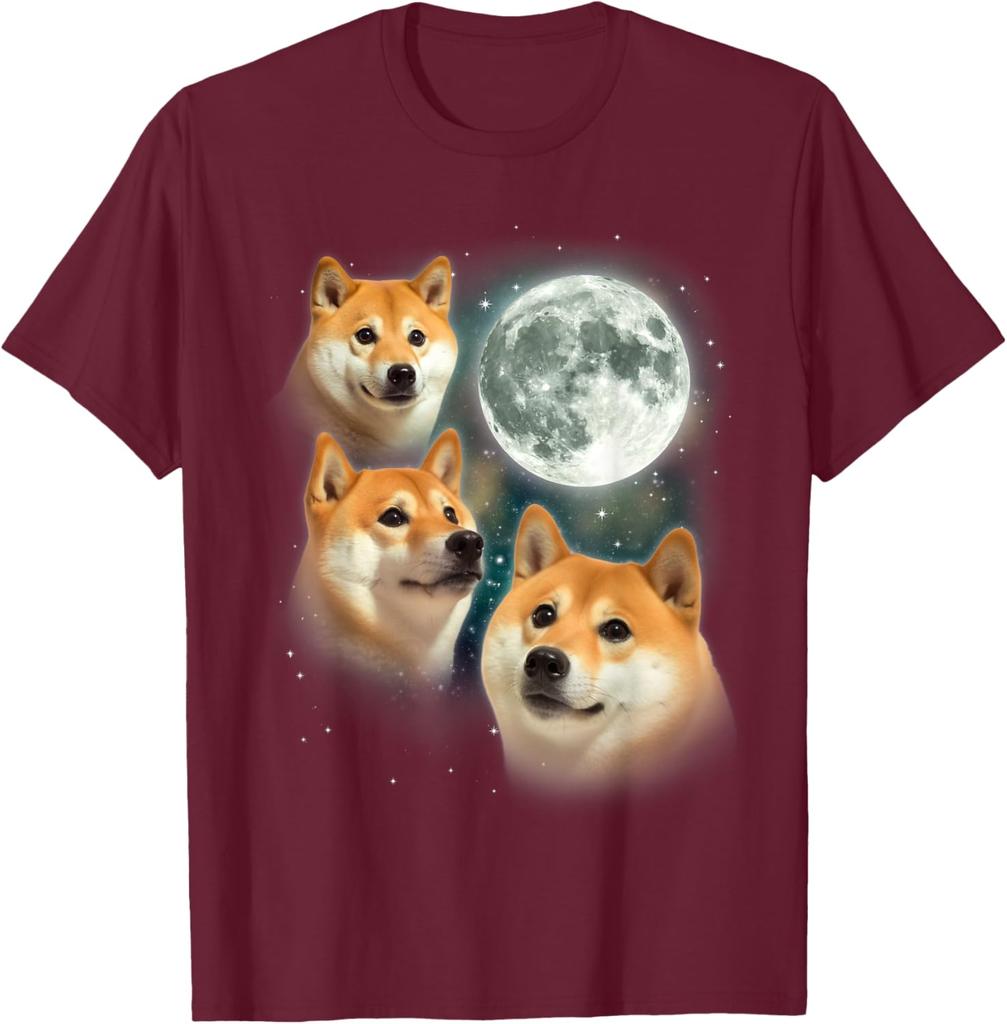 Doge Moon Three Shiba Inu Funny Dog Meme Graphic Print Cotton Crew Neck T-Shirt for Men