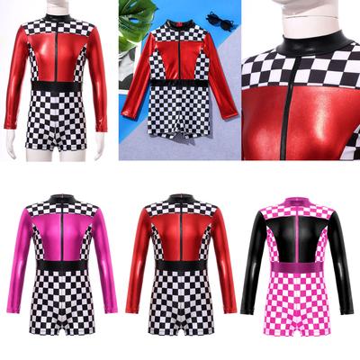 Girls Race Car Racer Costume Long Sleeve Checkerboard Print Back Zipper Short Jumpsuit Cosplay Costume