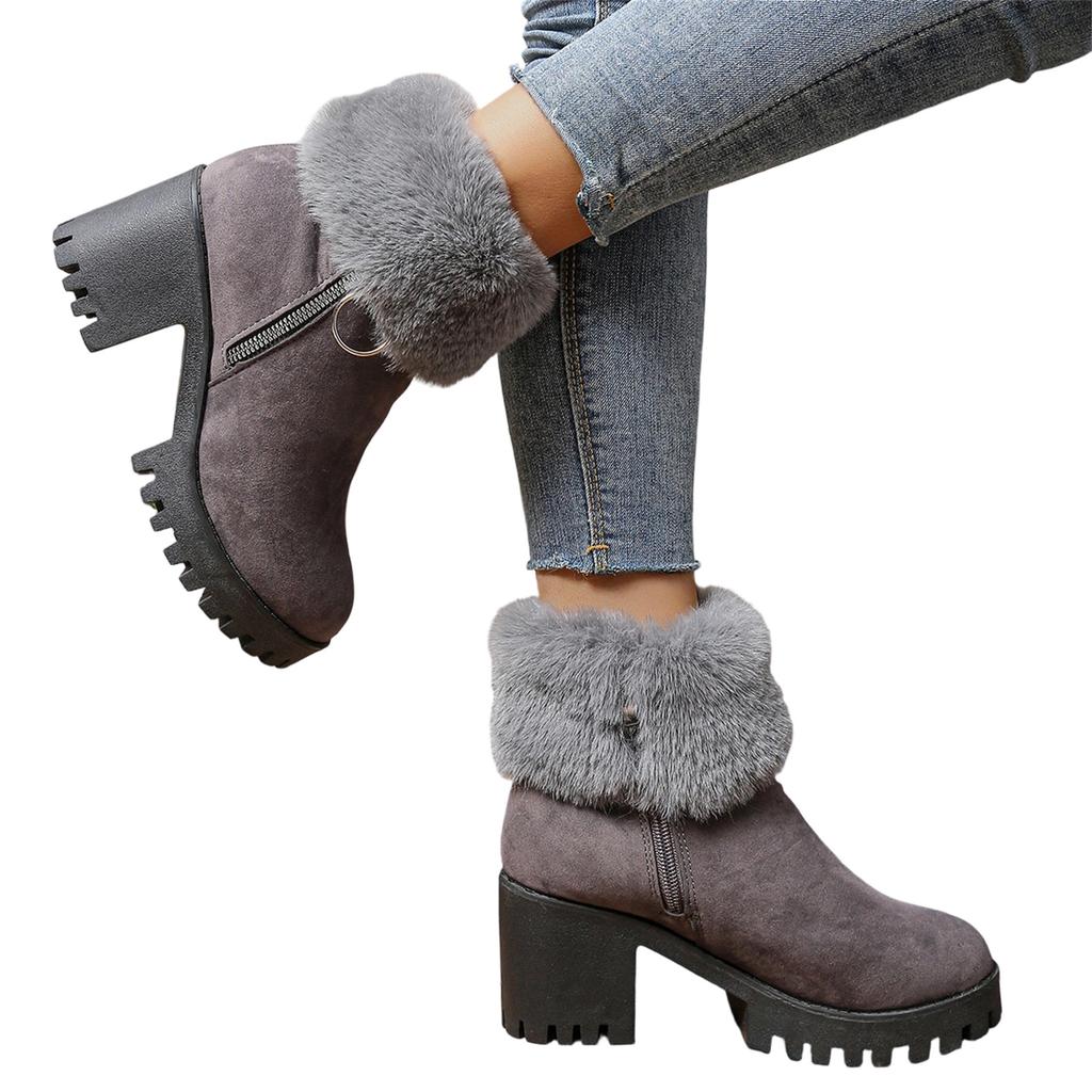 Women's Plus Size Fashion -Lined Warm Side Zip Round Toe Heel Casual Boots
