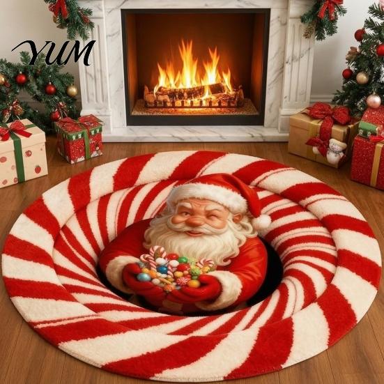 Thickened Cozy Mat Round Christmas Rug, 39" Imitation Cashmere Santa Snowflake Pattern, Holiday Party Floor Covering Area Rug for Home Living