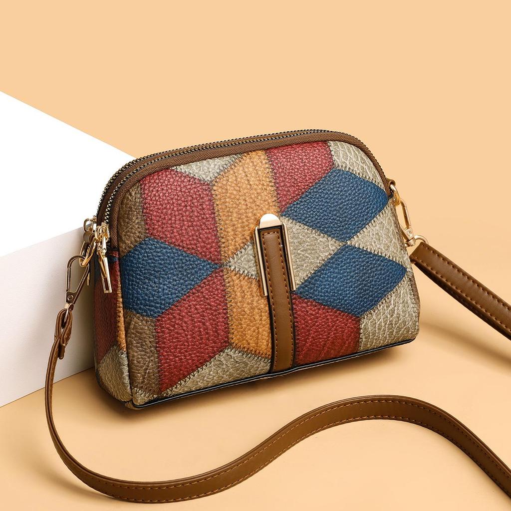 Ethnic Style Colorblock Patchwork Double Zipper Crossbody Bag