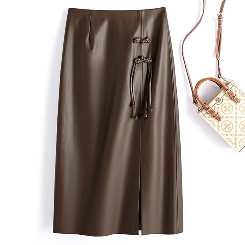 Women's Retro High-Waist Leather Pencil Skirt with Frog Buttons