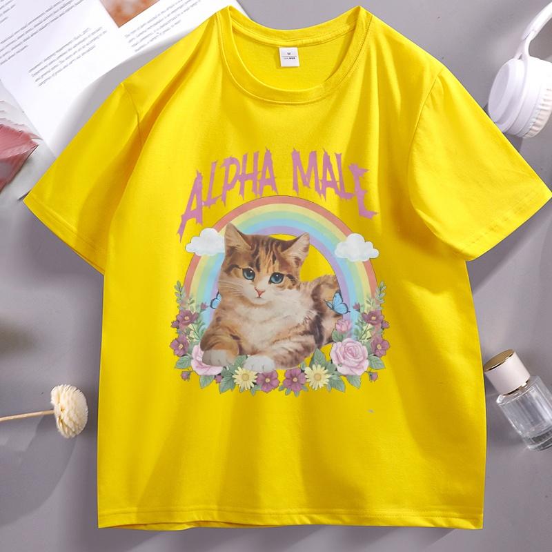 Alpha-Männchen Lustiges Kätzchen T-Shirt Regenbogen Unisex Damen Baumwolle Kurzarm T-Shirt Kleidung Lässig Atmungsaktiv Rundhals Herrenkleidung