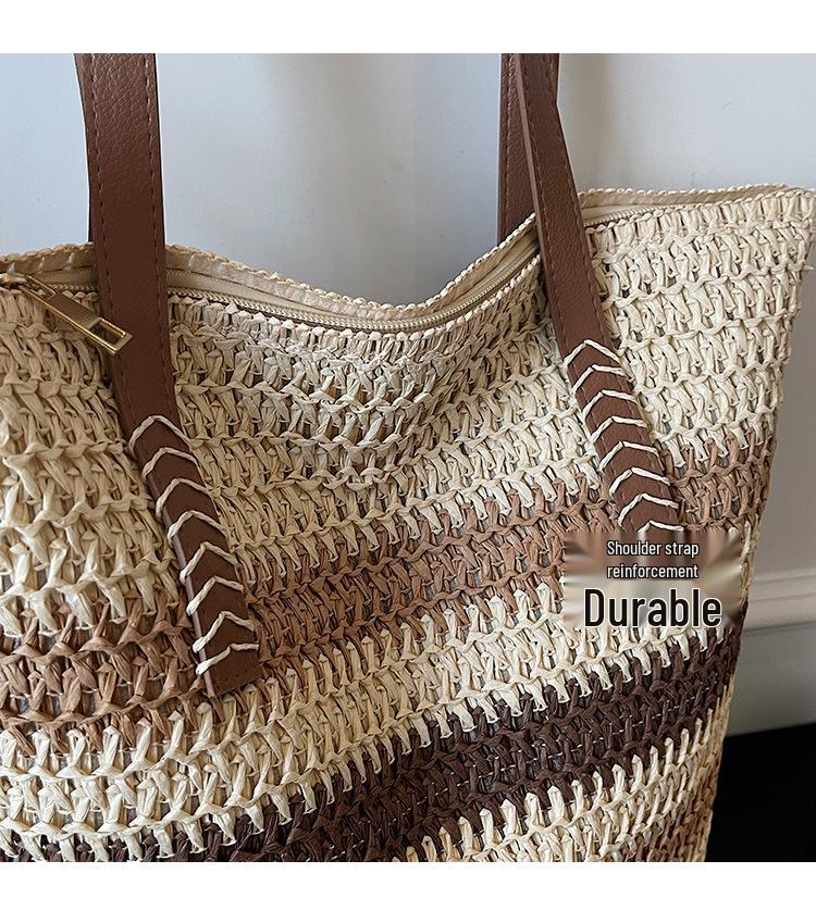 Bolsa de Palha Tecida com Listras Arco-Íris Feminina - 2026 Bolsa de Ombro de Grande Capacidade para Férias na Praia e Deslocamento