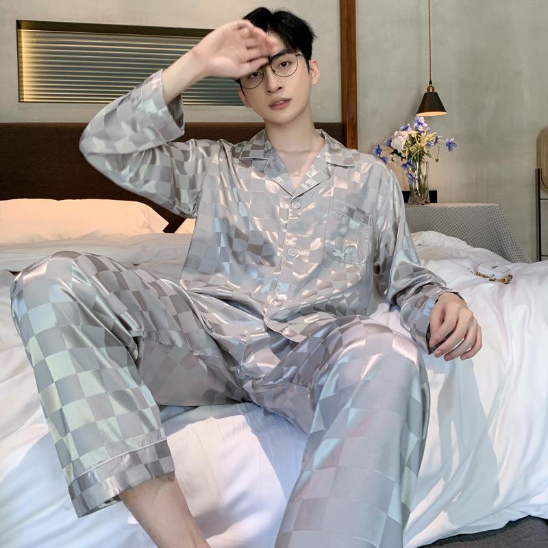 

Высококачественный пижамный комплект для мужчин, весна-осень, простая классическая пижама из ледяного шелка, мужской костюм из двух частей, молодежная домашняя одежда для отдыха на природе для мальчиков 3XL
