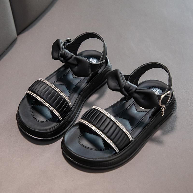 Dziewczęce buty plażowe Słodkie plisowane Proste kokardki Dziecięce sandały Błyszczące kryształki 2025 Lato Nowe Dziecięce buty księżniczki Antypoślizgowa Miękka podeszwa