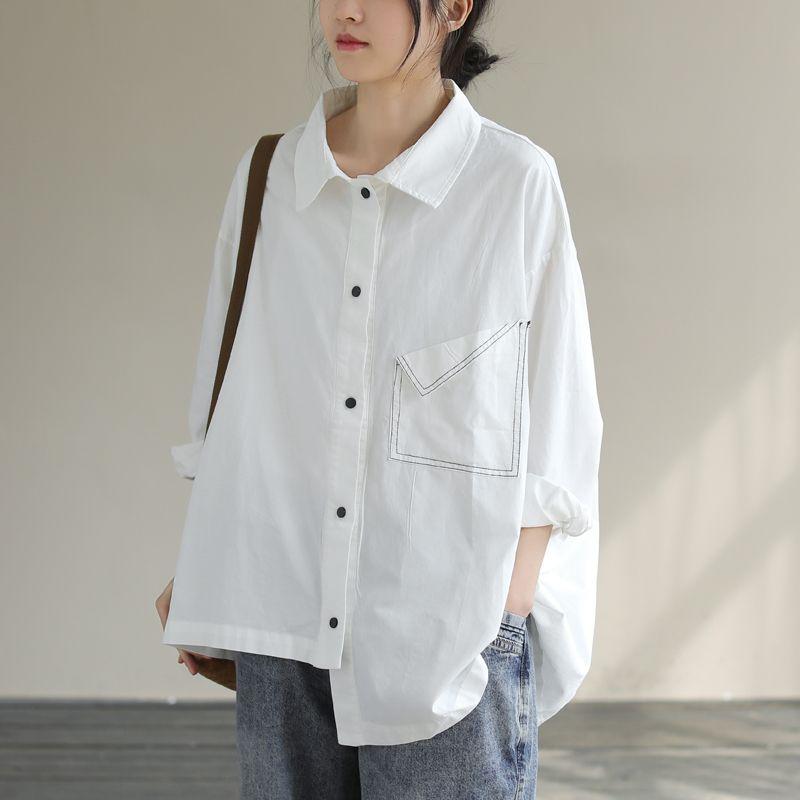 Spring Autumn Solid Irregular Women's  New Spliced Polo Collar Button Fashion Loose Pocket Casual Long Sleeve Blouses Shirts
