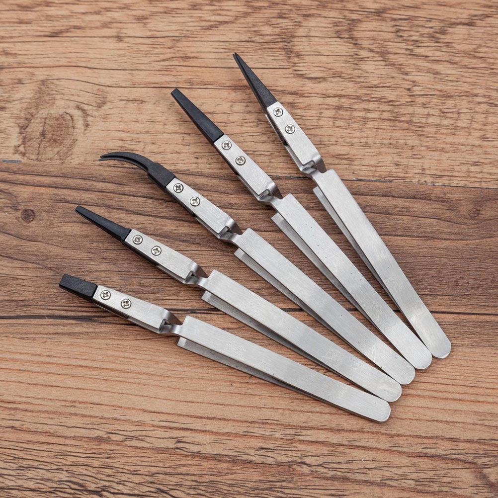 5Pcs Electronic Insulated Tweezers Plastic Head Stainless Steel Precise Heat Resistant Non-Conductive Tweezers for Precision