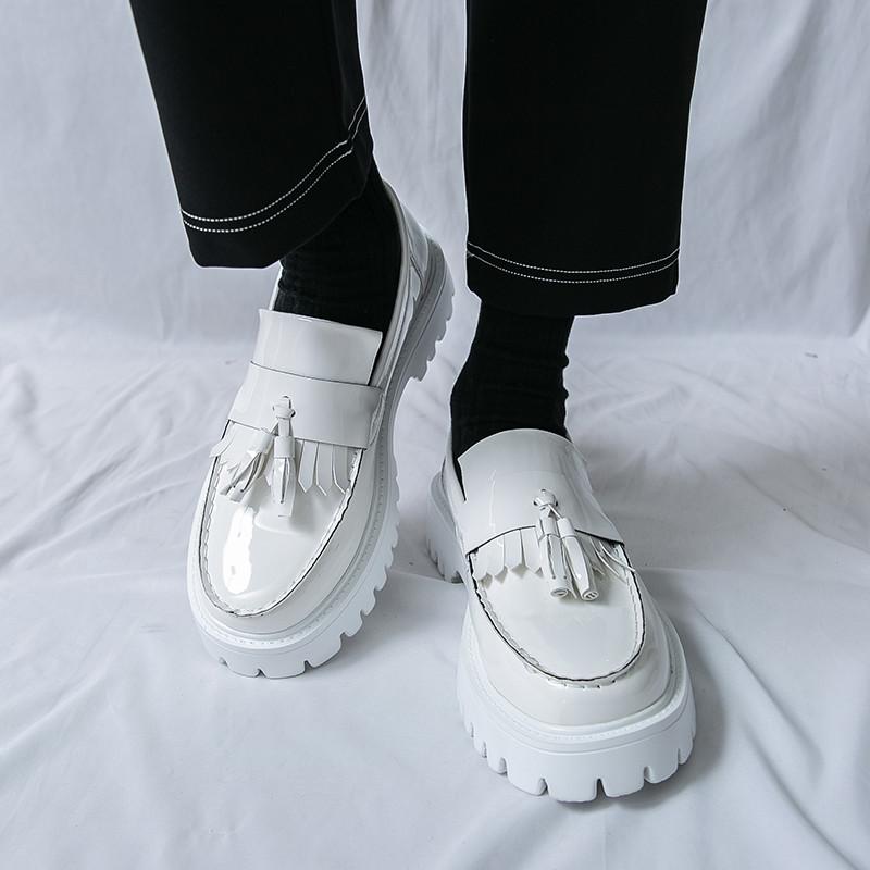 White Tassel Loafers Men Chunky Shoes Large Size 38-46 Round Toe Casual Shoes For Man Party Fashion Leather Shoes Man Moccasins