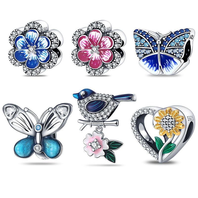 

Fit Мода Браслеты Шармы 925 стерлингового серебра Цветок Птица Серия Амулеты Бусины Для женщин Мода DIY Ювелирные подарки Изготовление