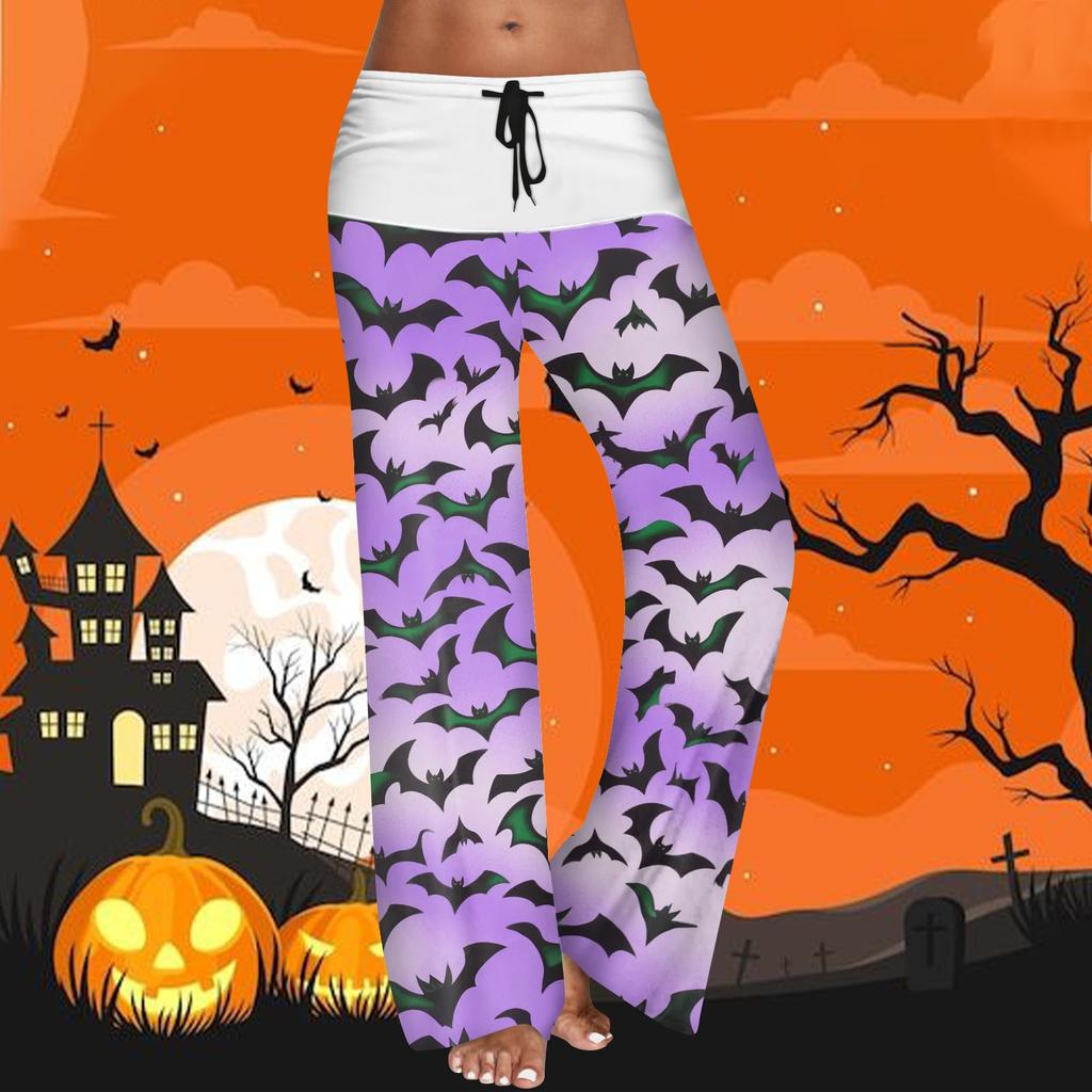 Women's Drawstring Elastic Waistband Wide Leg Color Matching Halloween Printed Casual Pants
