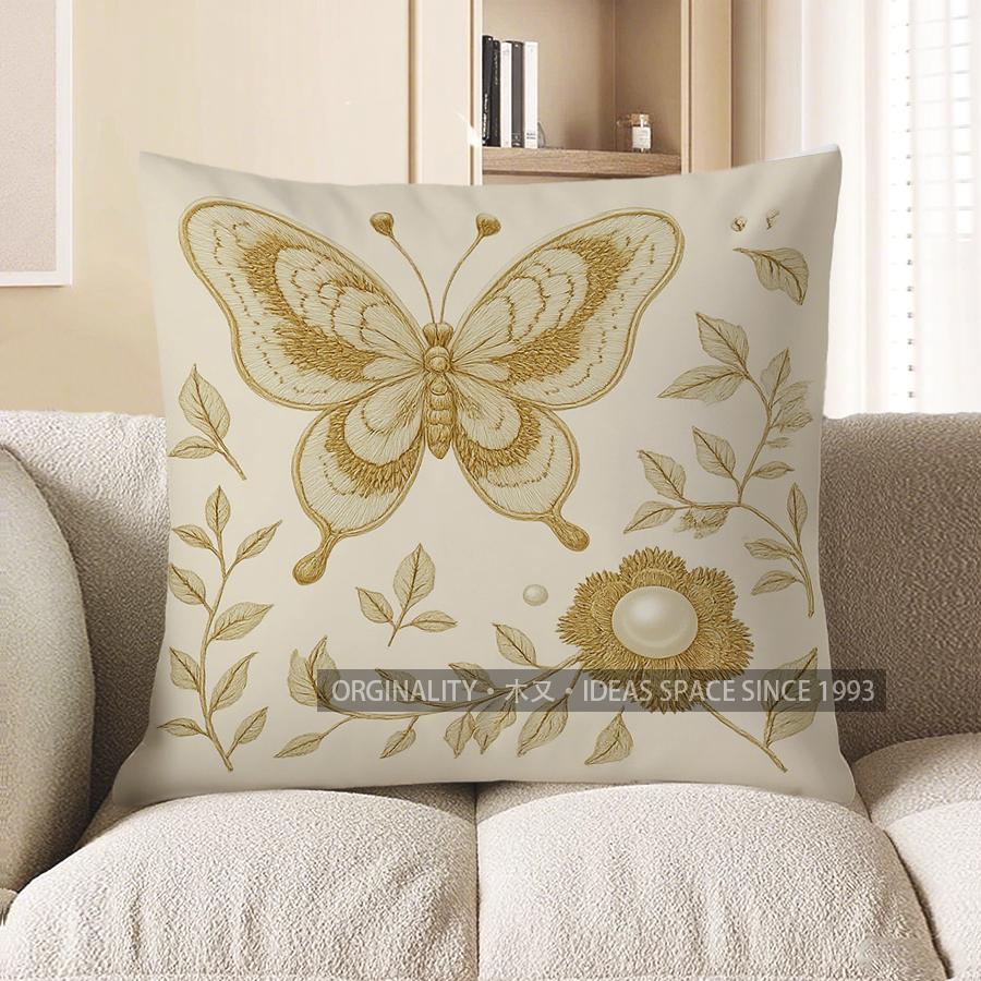 Home Decor Golden Butterfly & Floral Patterned Pillow Cover Pattern Cushion Cover Suitable For Sofa Bedroom Car Pillow Cover