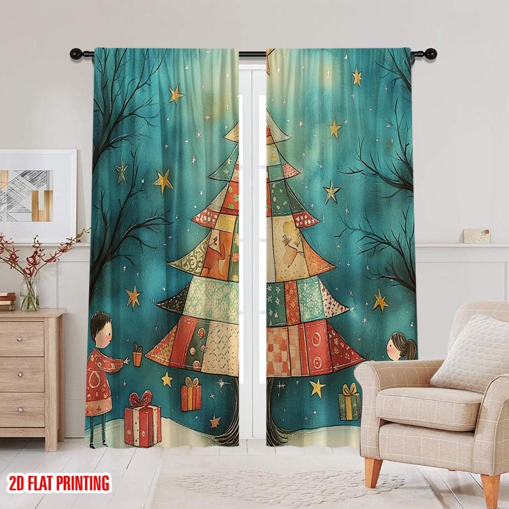 2pcs  2D plane printing Curtains&Window Treatment Christmas Tree Stars Gift Polyester Easy Install (without rod) Room Decor Use