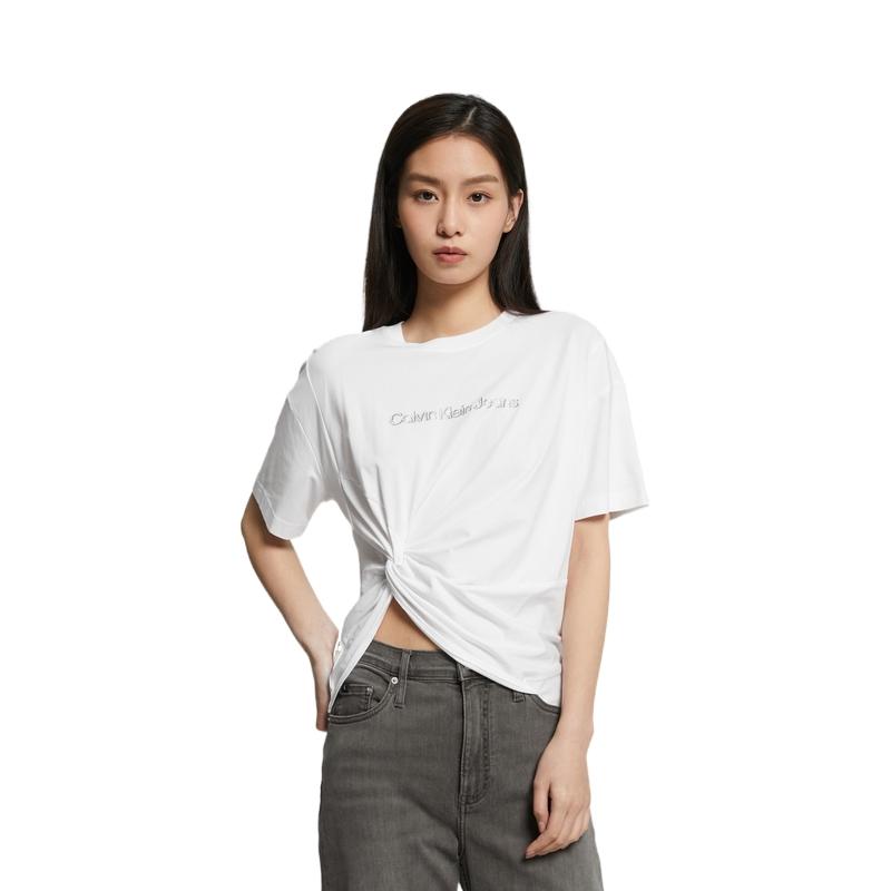 Calvin Klein Solid Color Logo Print Knot Short Sleeve T-Shirt Women Tops White J221109-YAF