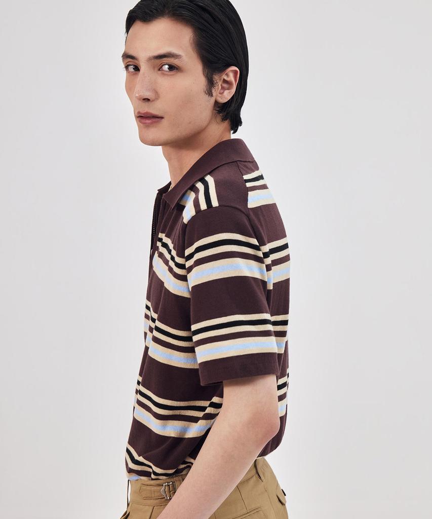 THEKNITCOMPANY Orea Stripe Zipper Polo Shirt - Sil Brown