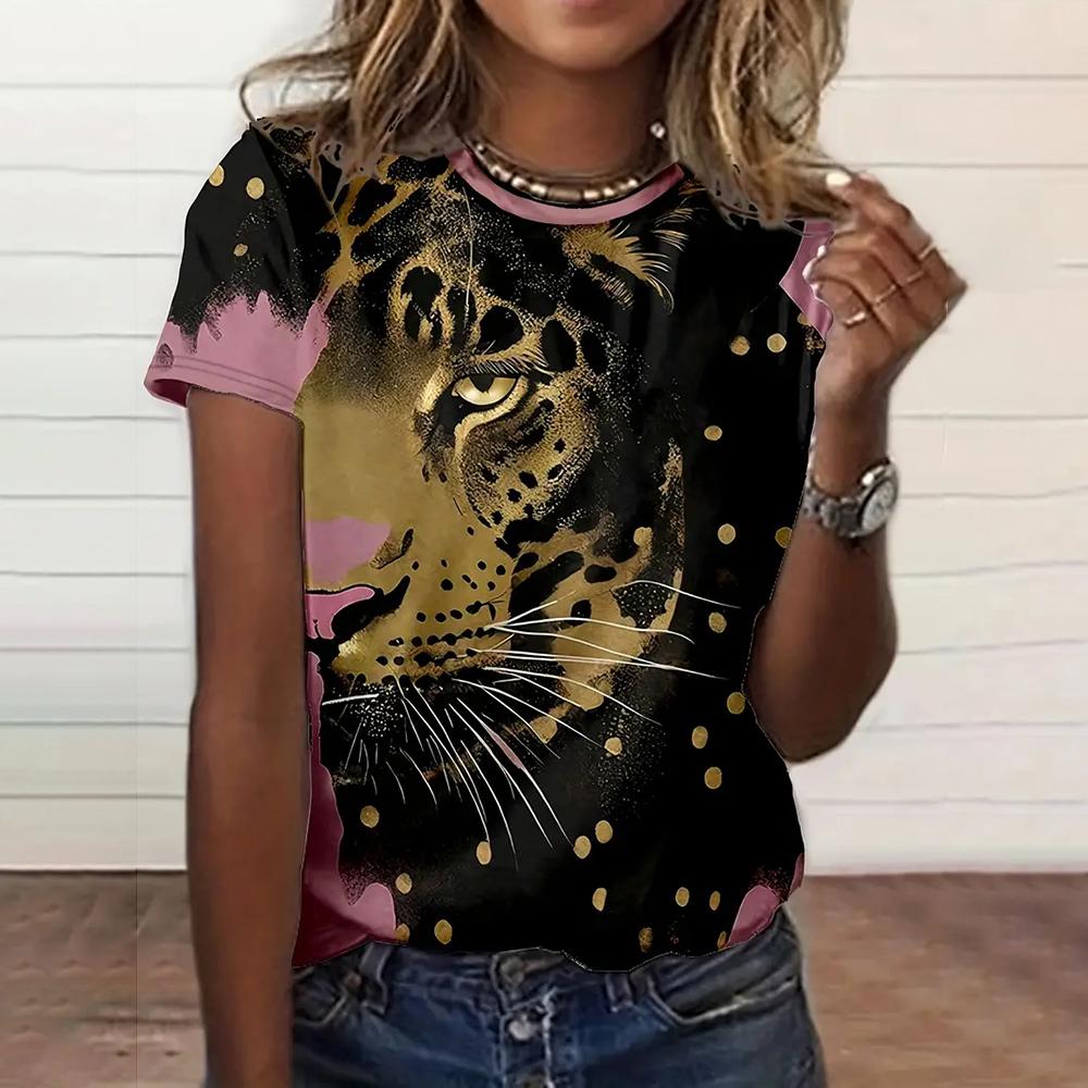 Women's Fashionable Short Sleeve T-Shirts 3d Leopard Print Top Tees Spring & Summer Breathable Women's Casual Pullovers & Blouse
