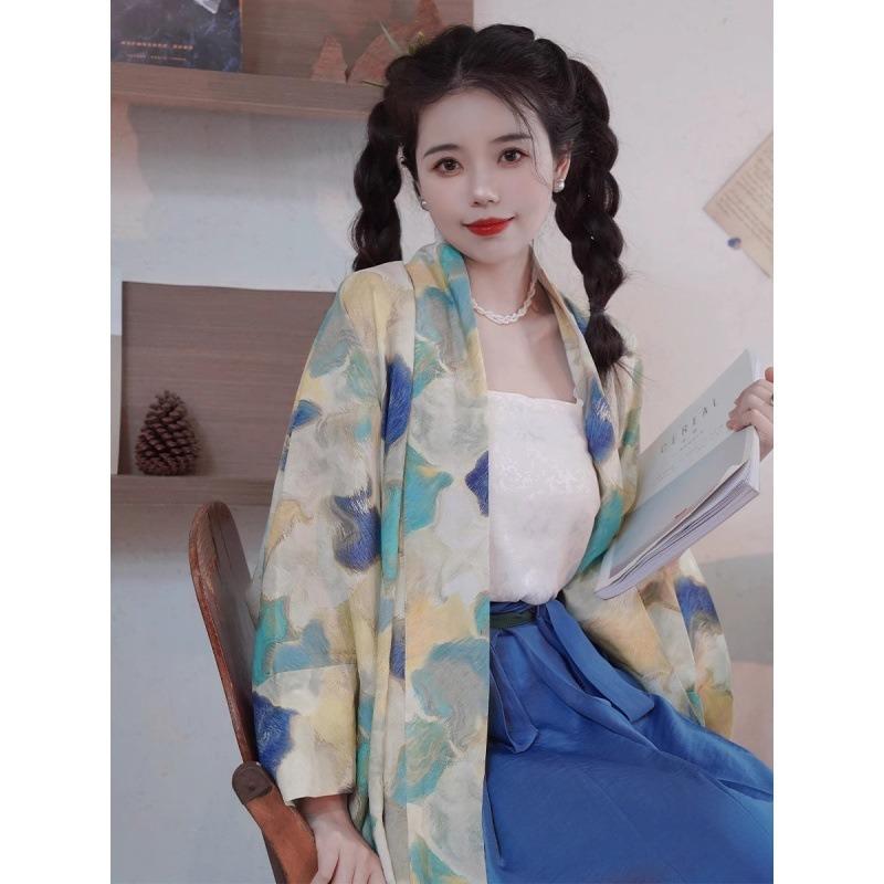 Spring and Autumn Retro Chinese Style Hanfu Modified Shirt Loose Plus Size Women's Printed Pair-breasted Wide-sleeved Shawl Long Shirt Top
