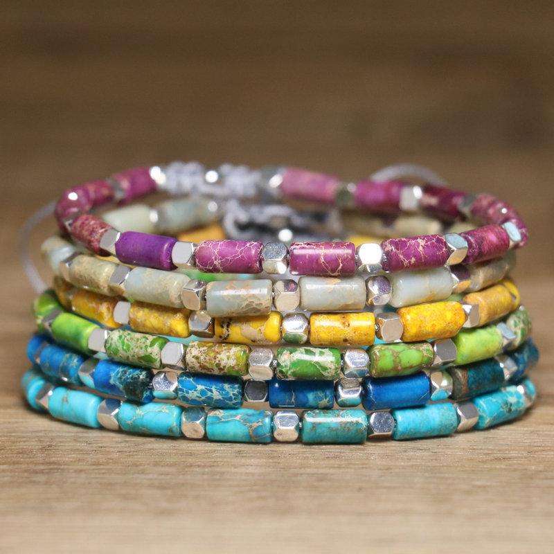 Türkis Röhrenperlen Armband – Silber Akzent Verstellbar Zierlicher Schmuck, Schutz Glück Geschenk für Männer & Frauen