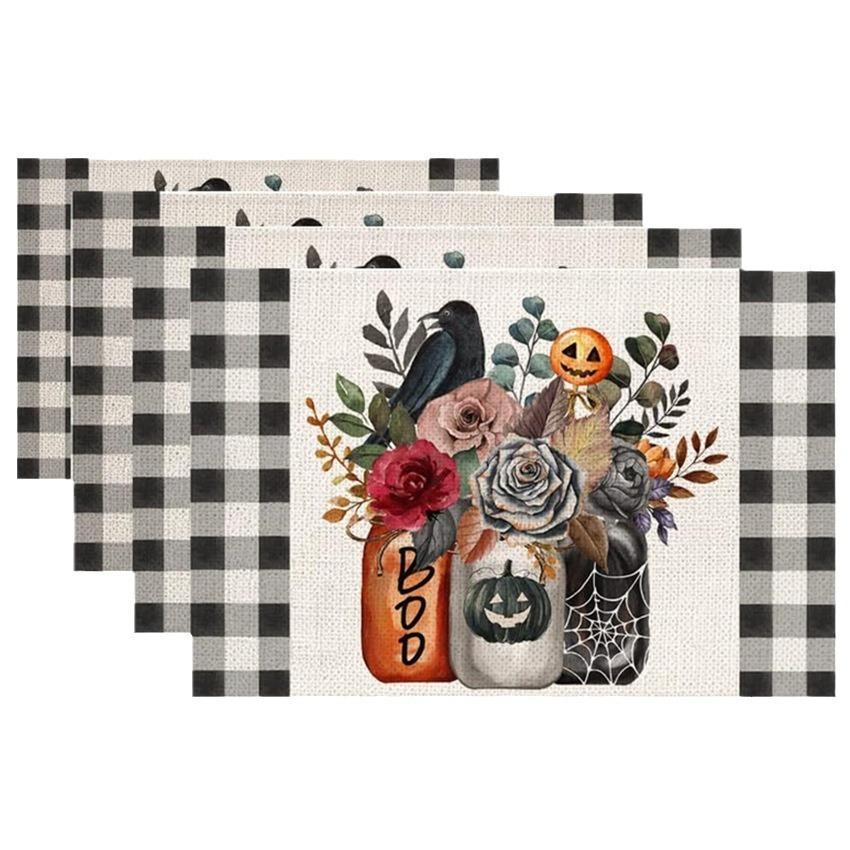 

4/6/8Pcs Halloween Placemats Linen Non Slip Table Mats Rectangular Hand Washable Dining Table for Kitchen Home Decor Essentials 4Pcs-30X45cm(12X18in