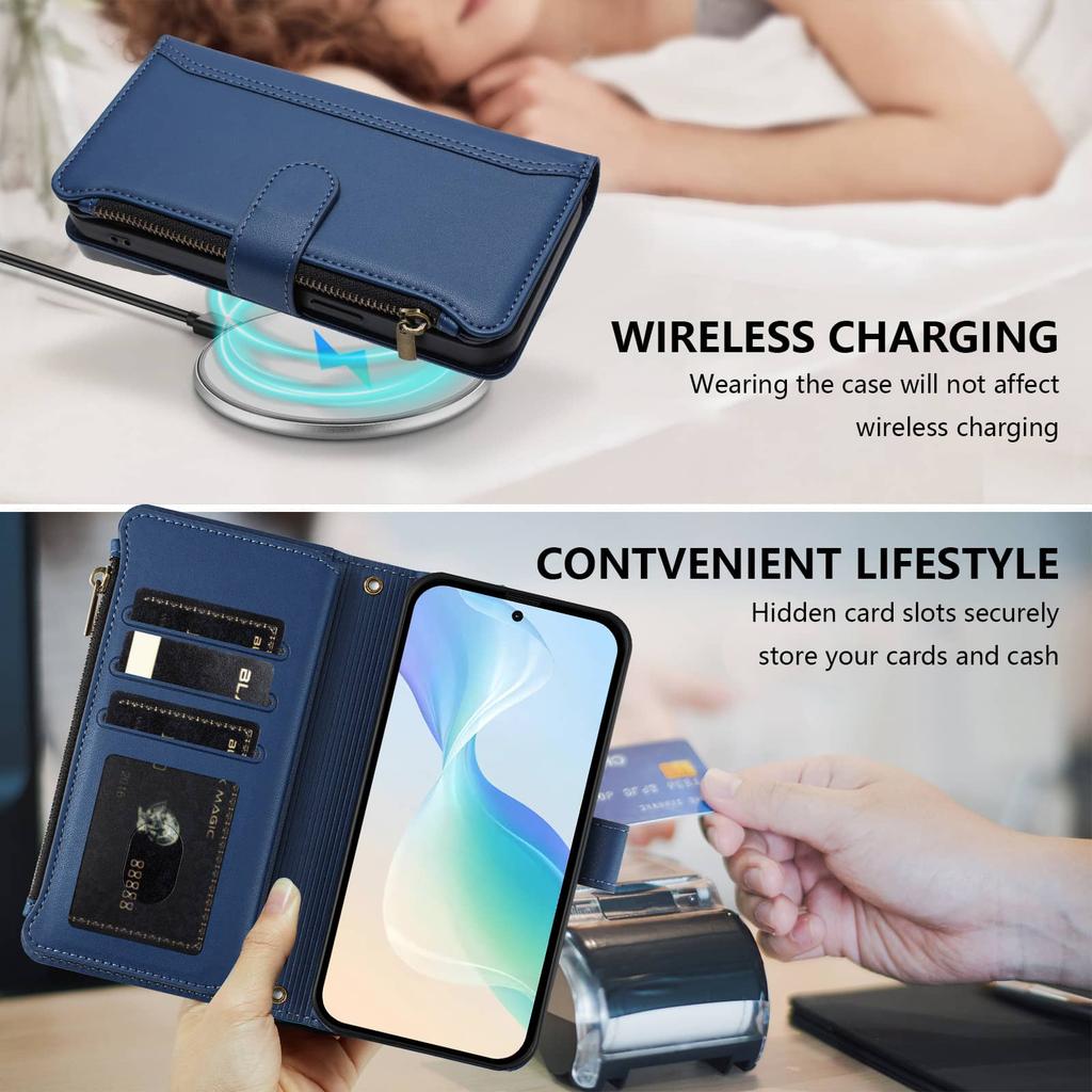 For Samsung Galaxy A70 A50 A40 A30 A20 A10 A06 A42 5G A21S Wallet Case, RFID Blocking Kickstand Flip Cover Wrist Strap Zipper